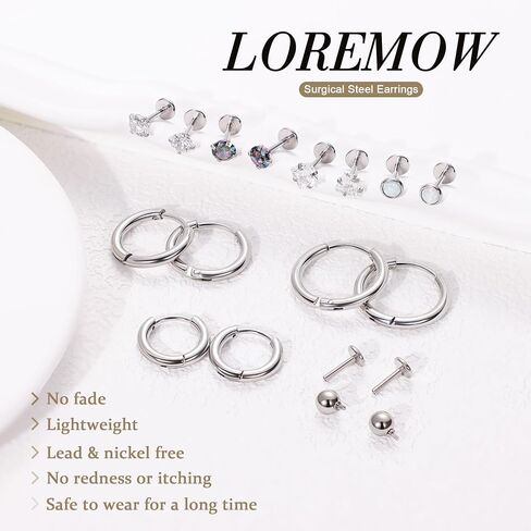 LOREMOW 18G 8Pairs Surgical Steel Earrings Set for Women Men Stud Earrings for Sensitive Ears Hypoallergenic Huggie Hoop Earrings Opal CZ Cartilage Helix Flat Back Earrings for Multiple Piercing in Saudi Arabia