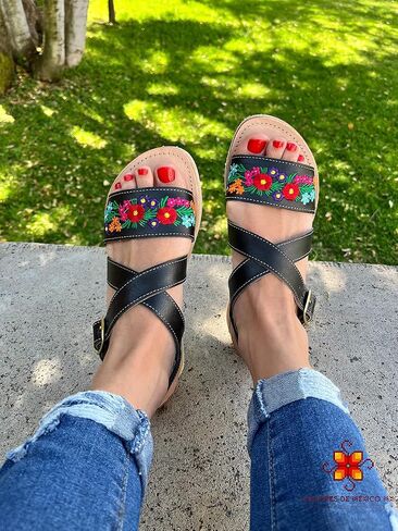 Mexican Leather Sandals with Embroidered Flowers for Women - Model 805 (8, Nut) in Saudi Arabia