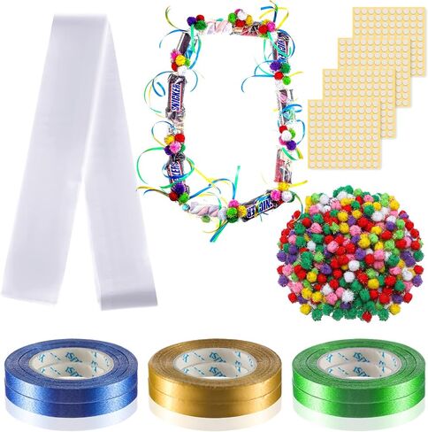 Hanaive Graduation Candy Lei Tubing Necklace Making Kit Include 50 Pcs 2 Inch Poly Tubing Lei Bags 197 ft 6 Rolls Gift Wrapping Ribbon 1 Pack Plush Poms 400 Glue Points for Graduation Party Supplies in Saudi Arabia