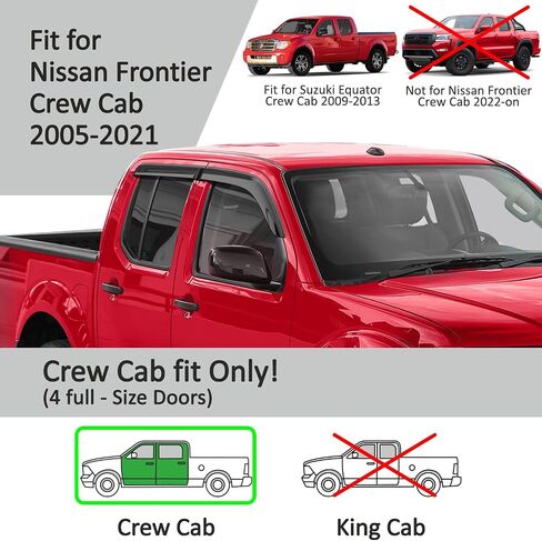 واقيات مطر متينة للغاية بشريط زجاجي من فورون لسيارة Nissan Frontier 2005-2021، كابينة الطاقم، عاكسات النوافذ، أقنعة نافذة التهوية، 4 قطع - 100523 in Saudi Arabia