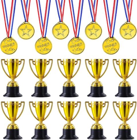 JIEJOYS 30 PCS Trophies And Medals Set,12Pcs Gold Plastic Trophy Cup And 18 PCS Winner Medals For Kids Sports Awards, Party Favors For Boys And Girls,Prizes, Events. in Saudi Arabia
