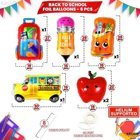 KatchOn, Big Back To School Balloons Set - 30 Inch, Pack of 6 | School Bus Balloon, Apple Balloons, First Day of School Decorations | Kindergarten Balloons | Welcome Back To School Party Decorations in Saudi Arabia