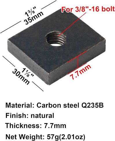 20 Pcs Rectangular Nuts with 3/8"-16 Threaded Hole, 1-3/8"x1-1/8", Flat Washer Fastener, Thickness 7.7mm, Carbon Steel in Saudi Arabia