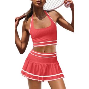 Panadila Women 2 Piece Tennis Skirt Sets Workout Set Sports Bra and Skort | Halter Bra,Golf Skort,Athletic Outfits,Matching Set,Built in Shorts,Golf Outfits,Pickleball,Gym,Supportive,Summer Set in Saudi Arabia