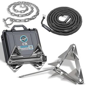 WAVESRX 12lb TriAnchor - مرساة قابلة للطي من الفولاذ المقاوم للصدأ مع خط بنجي مرساة بطول 14 قدم (14'-50') | رسو بدون جهد للزلاجات النفاثة والقوارب والقوارب الصغيرة in Kuwait