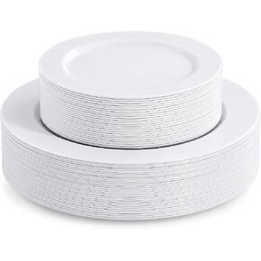 Disposable White Plastic Plates 60 Pack, Microwave, Dishwasher Safe | Set for 30 Guests: 30 Dinner Plates and 30 Dessert Plates, Heavy Duty for Parties, Weddings, BBQs and Family Meals in Kuwait