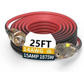 25ft 14/3 متوسطة التحمل LED مضاءة قفل التوصيل في الهواء الطلق تمديد الحبل ETL | النحاس النقي SJEOW مقاوم للماء -58 درجة فهرنهايت إلى 221 درجة فهرنهايت، 15 أمبير 1875 وات، العناية بالعشب، النجارة، المولدات، المرآب، الاستخدام الخارجي in Kuwait
