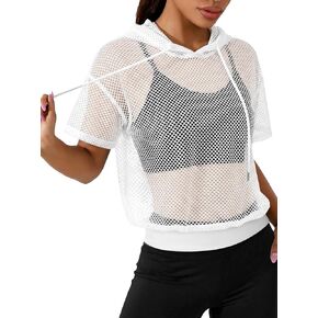 Hilinker Women's Hooded Mesh Crop Tops Workout See Through Short Sleeve Tee Sheer Gym Cover Up in Saudi Arabia