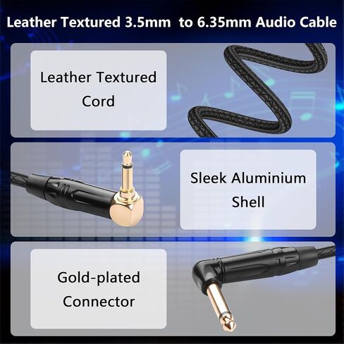 CERRXIAN 3.5mm TS Mono Right Angle Male to 6.35mm TS Mono Right Angle Male Audio Cable,0.3M/1FT Leather Textured Cord, Short TS Mono Patch Cable for Electric Guitar, Mixer, Amplifier, Speaker in Kuwait