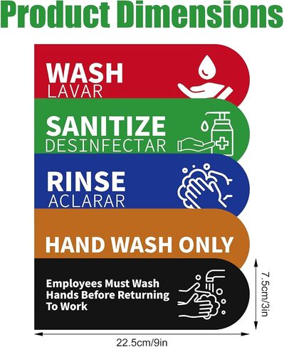 5pcs Wash Rinse Sanitize Sink Labels, 9x3in Waterproof Hand Washing Stickers for 3 Compartment Sinks for Commercial Kitchens Restaurants Food Trucks & Dishwashing Stations in Kuwait