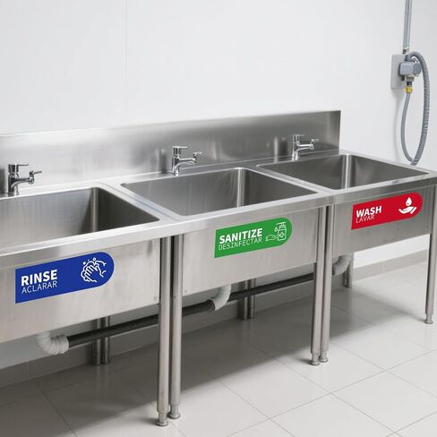 5pcs Wash Rinse Sanitize Sink Labels, 9x3in Waterproof Hand Washing Stickers for 3 Compartment Sinks for Commercial Kitchens Restaurants Food Trucks & Dishwashing Stations in Kuwait