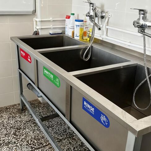 5pcs Wash Rinse Sanitize Sink Labels, 9x3in Waterproof Hand Washing Stickers for 3 Compartment Sinks for Commercial Kitchens Restaurants Food Trucks & Dishwashing Stations in Kuwait