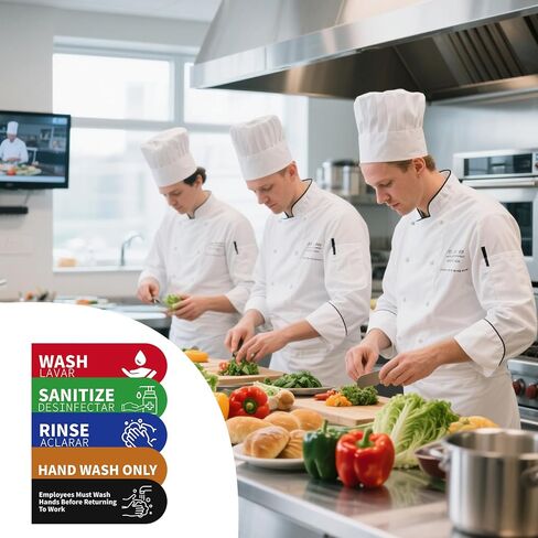 5pcs Wash Rinse Sanitize Sink Labels, 9x3in Waterproof Hand Washing Stickers for 3 Compartment Sinks for Commercial Kitchens Restaurants Food Trucks & Dishwashing Stations in Kuwait