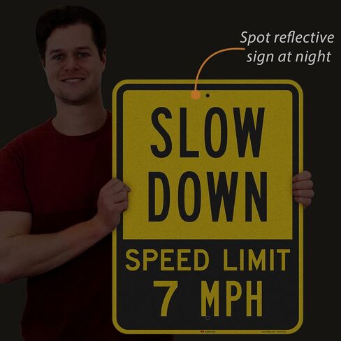 SmartSign 24 × 18 بوصة "Slow Down - Speed ​​Limit 7 MPH" لافتة معدنية، ألومنيوم 80 مل، مادة عاكسة من الدرجة الهندسية 3M، أسود، فضي وأصفر، صنع في الولايات المتحدة الأمريكية in Kuwait