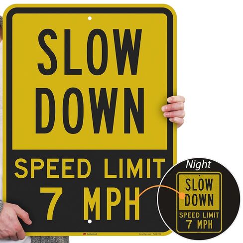SmartSign 24 × 18 بوصة "Slow Down - Speed ​​Limit 7 MPH" لافتة معدنية، ألومنيوم 80 مل، مادة عاكسة من الدرجة الهندسية 3M، أسود، فضي وأصفر، صنع في الولايات المتحدة الأمريكية in Kuwait