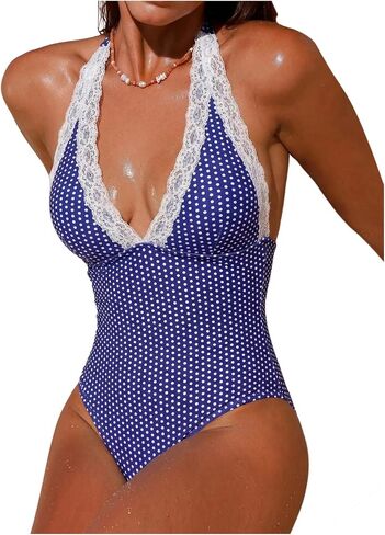 WDIRARA Women's Polka Dots One Piece Swimsuit Tummy Control Bathing Suit Lace Trim Halter Swimwear in Kuwait