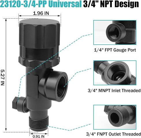 23120-3/4-PP صمام تخفيف الضغط، منظم ضغط البخاخ 3/4 بوصة NPT لـ FIMCO، AG SPRAY، معظم أنظمة الرش والري الزراعية، مع صامولة قفل ومنفذ قياس FPT 1/4 بوصة in Kuwait