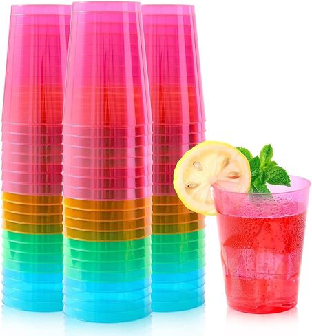 100 Count 10oz Disposable Tumblers Neon Cups for Party, 10oz Disposable Hard Multicolor Plastic Cups, Plastic Margarita Glasses (10, ounces) in Kuwait