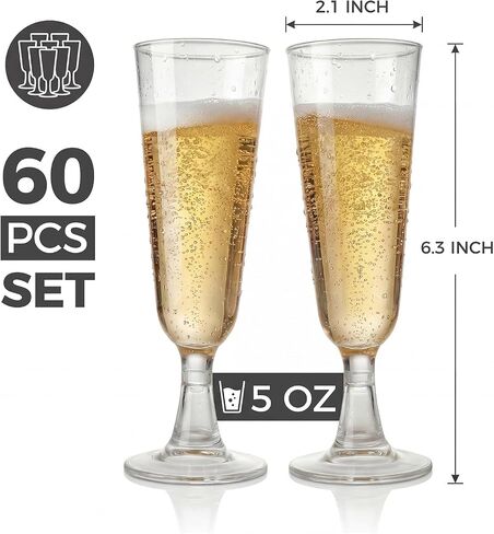 Clear Plastic Champagne Flutes, 60 Pack Disposable Wine Glasses 5 oz | Disposable Champagne Flutes for Weddings, Parties, New Year’s Eve, Mimosas, Prosecco and Cocktails in Kuwait