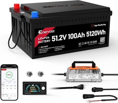 48V (51.2V) 100Ah LiFePO4 Lithium Golf Cart Battery, 200A BMS 8000+ Cycles Lifepo4 Battery with Charger, Bluetooth Mobile APP & LCD Monitor for Golf Carts, Trolling Motor in Kuwait