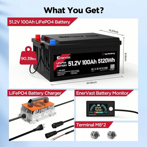 48V (51.2V) 100Ah LiFePO4 Lithium Golf Cart Battery, 200A BMS 8000+ Cycles Lifepo4 Battery with Charger, Bluetooth Mobile APP & LCD Monitor for Golf Carts, Trolling Motor in Kuwait