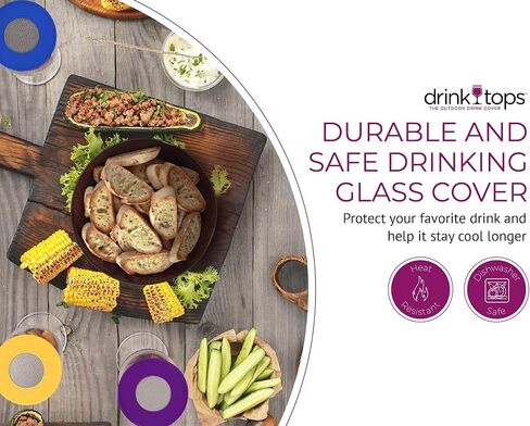 Drink Tops Ventilated Silicone Wine Glass Covers - Weighted Cover Allows air to circulate - Outdoor Glass Protectors prevent particles - BPA Free - 4 Pack in Kuwait