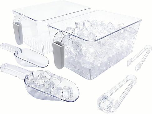 2 Pack Ice Storage Bin for Freezer, Clear Plastic with Scoop and Tongs | Clear plastic ice bin set has 2 bins with handles, 2 scoops, and 2 ice tongs. Great for freezer and fridge storage. in Kuwait