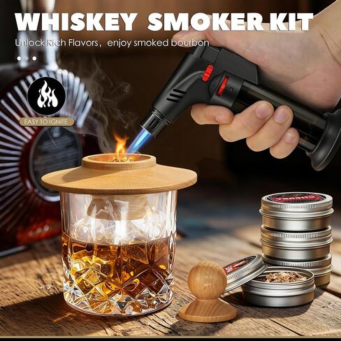 Whiskey Smoker Kit with Torch Lighter, 4 Flavor Wood Chips + 2pcs Mesh Filter Bowls, Cocktails Smoker Infuser Kit, Old Fashioned Bourbon Drink Smoker Set, Gift for Dad Men Cocktail Lovers (No Gas) in Kuwait