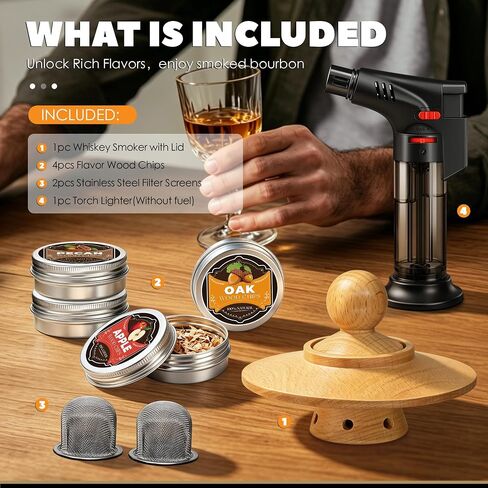 Whiskey Smoker Kit with Torch Lighter, 4 Flavor Wood Chips + 2pcs Mesh Filter Bowls, Cocktails Smoker Infuser Kit, Old Fashioned Bourbon Drink Smoker Set, Gift for Dad Men Cocktail Lovers (No Gas) in Kuwait