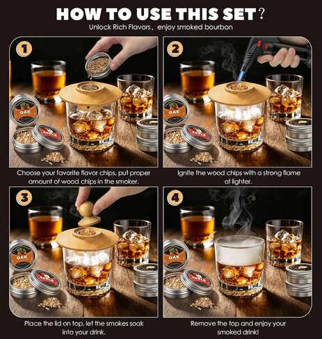 Whiskey Smoker Kit with Torch Lighter, 4 Flavor Wood Chips + 2pcs Mesh Filter Bowls, Cocktails Smoker Infuser Kit, Old Fashioned Bourbon Drink Smoker Set, Gift for Dad Men Cocktail Lovers (No Gas) in Kuwait
