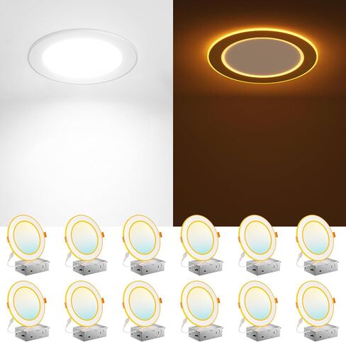 Amico 12 حزمة 6 بوصة 5CCT LED مصباح سقف مجوف مع ضوء ليلي بحلقة مزدوجة، 2700-5000K إضاءة مجوفة رفيعة للغاية قابلة للاختيار، 12 وات = 110 وات، 1100 لومن، إضاءة سفلية ويفر قابلة للتعتيم، ETL، FCC in Kuwait