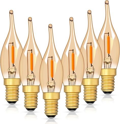 مصابيح شمعدان LED E12، 7 وات تعادل 0.7 وات، قوة كهربائية منخفضة، 2200 كلفن كهرمان أبيض دافئ، 50 لومن عالي CRI(>90) طرف لهب زجاجي بلوري، ديكور غير قابل للتعتيم للثريات، أضواء ليلية، 6 عبوات in Kuwait