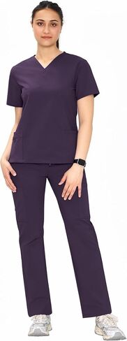 Scrubs for Women, V-Neck Top & Straight Leg Pants, 10 Pockets | Elastic Waist, Side Slits, Lightweight Soft Fabric, Medical, Nursing Uniform (Previously COZYFIT) in Kuwait
