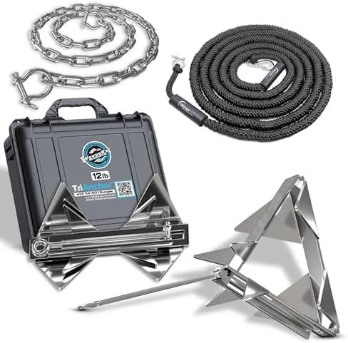 WAVESRX 12lb TriAnchor - مرساة قابلة للطي من الفولاذ المقاوم للصدأ مع خط بنجي مرساة بطول 14 قدم (14'-50') | رسو بدون جهد للزلاجات النفاثة والقوارب والقوارب الصغيرة in Kuwait