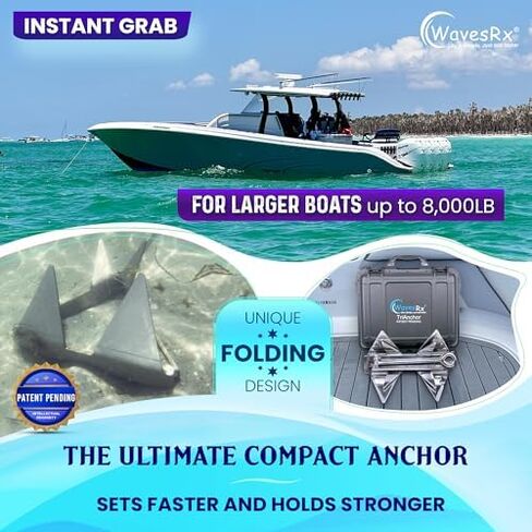 WAVESRX 12lb TriAnchor - مرساة قابلة للطي من الفولاذ المقاوم للصدأ مع خط بنجي مرساة بطول 14 قدم (14'-50') | رسو بدون جهد للزلاجات النفاثة والقوارب والقوارب الصغيرة in Kuwait