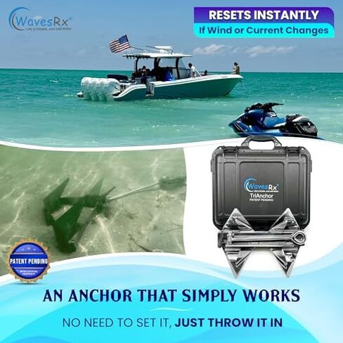 WAVESRX 12lb TriAnchor - مرساة قابلة للطي من الفولاذ المقاوم للصدأ مع خط بنجي مرساة بطول 14 قدم (14'-50') | رسو بدون جهد للزلاجات النفاثة والقوارب والقوارب الصغيرة in Kuwait
