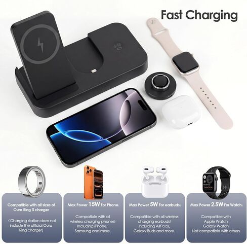 محطة شحن 4 في 1 لشاحن Oura Ring Gen 3 (شاحن Oura Ring غير متضمن)، شاحن مغناطيسي سريع 15 وات لأجهزة iPhone وApple Watch وAirPods وشاحن لاسلكي لهاتف Samsung Galaxy in Kuwait