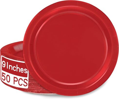 QZYL 50 PCS Paper Plates, Red Heavy Duty Party Plates, Round 9 Inches Disposable Paper Dinner Plates, Everyday Use Plates Set for Daily Meals Wedding Christmas Picnic Supplies in Kuwait