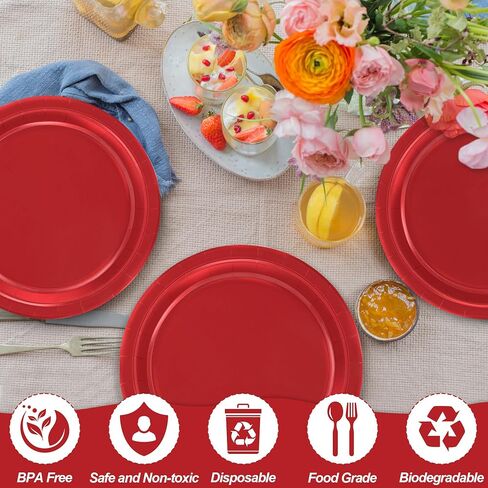 QZYL 50 PCS Paper Plates, Red Heavy Duty Party Plates, Round 9 Inches Disposable Paper Dinner Plates, Everyday Use Plates Set for Daily Meals Wedding Christmas Picnic Supplies in Kuwait