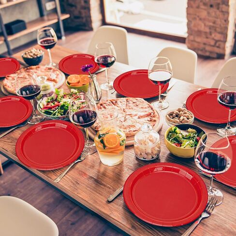 QZYL 50 PCS Paper Plates, Red Heavy Duty Party Plates, Round 9 Inches Disposable Paper Dinner Plates, Everyday Use Plates Set for Daily Meals Wedding Christmas Picnic Supplies in Kuwait