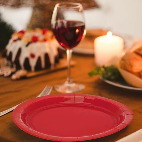 QZYL 50 PCS Paper Plates, Red Heavy Duty Party Plates, Round 9 Inches Disposable Paper Dinner Plates, Everyday Use Plates Set for Daily Meals Wedding Christmas Picnic Supplies in Kuwait