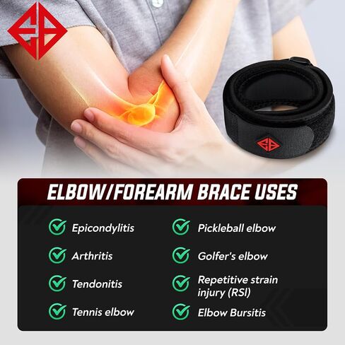 Elbow Brace for Tennis, Golfer’s Elbow | XL Silicone Pad | Non-Slip | Forearm Support| Arthritis Tendonitis Epicondylitis Tendon Pain Relief | Weightlifting, Paddling, Workouts | Men & Women in Kuwait