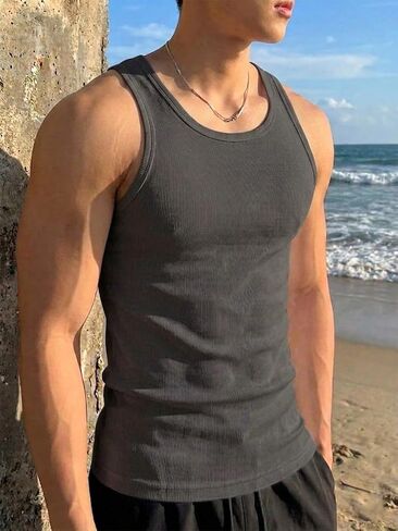 Mens Slim Fit Ribbed Sleeveless Tank Top Quick Dry Stretch Breathable Scoop Neck Gym Bodybuilding Summer Beach Casual Singlet in Kuwait