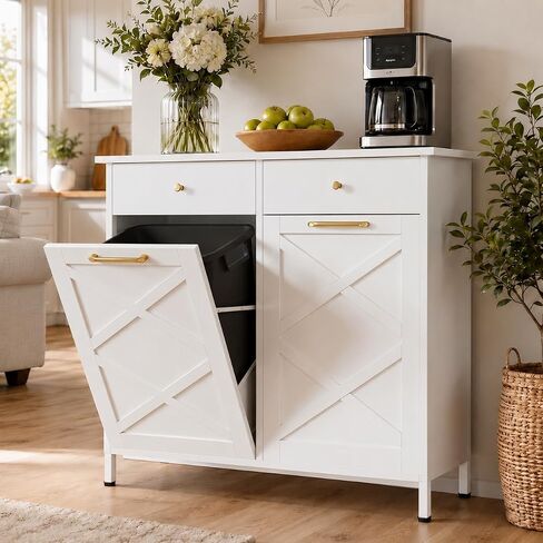 Double Tilt Out Garbage Cabinet, 20-Gal Trash Can with Drawers, White | Sturdy Steel, Corrosion-Resistant, Easy Clean, 2 Storage Drawers, Hidden Dog-Proof Design for Kitchen, Living Room, Laundry in Kuwait