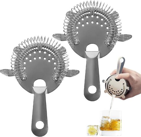 2Pcs Cocktail Strainer,4-Prong Stainless Steel Cocktail Strainer for Drinks,Bar Strainer for Bartending,Drink Strainer for Bartenders and Mixologists with High Density Spring (A-Silver2pcs) in Kuwait