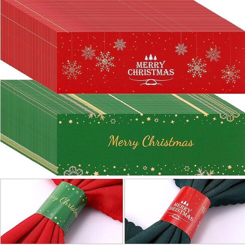 FoldTier 300 Pcs Merry Christmas Paper Napkin Rings Red and Green Disposable Self Adhesive Bands Xmas Snowflake Napkin Holder for Christmas Holiday Party Dining Table Setting Decoration Supply in Kuwait