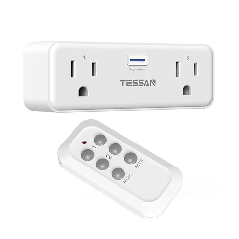 قابس مخرج جهاز التحكم عن بعد من TESSAN، مفتاح لاسلكي بمقبسين | مفتاح تشغيل/إيقاف عن بعد للأضواء الداخلية والمصابيح والمراوح والأجهزة المنزلية الصغيرة، نطاق 100 قدم، 1875 وات in Kuwait
