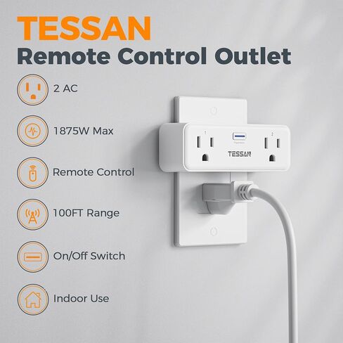 قابس مخرج جهاز التحكم عن بعد من TESSAN، مفتاح لاسلكي بمقبسين | مفتاح تشغيل/إيقاف عن بعد للأضواء الداخلية والمصابيح والمراوح والأجهزة المنزلية الصغيرة، نطاق 100 قدم، 1875 وات in Kuwait