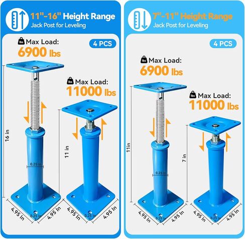 Upgraded House Jacks for Leveling, 11" - 16" Height Range Adjustable House Floor Jack, 10000lb Load Capacity Screw Jacks for House Foundation, Basement, Beams, Patios, Construction(4 Pack Blue) in Kuwait