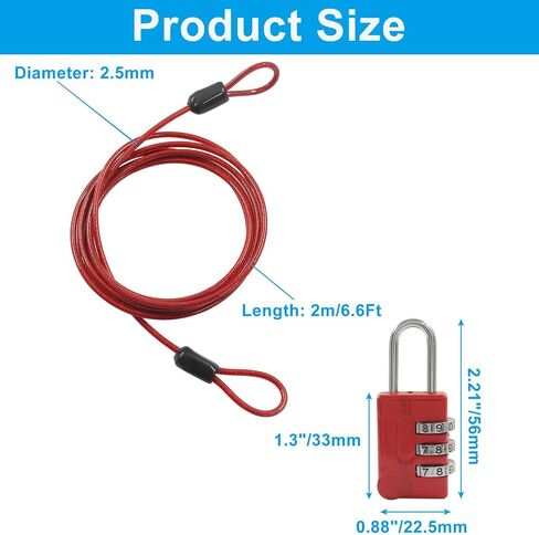 Bivethoi 2 قطعة قفل كابل أمان طويل فضي بطول 6.6 قدم، كابلات أمان 2.5 مم مع حلقات مزدوجة لقفل الأمتعة، كابل فولاذي مرن لحبل الغسيل/الأمتعة في الهواء الطلق (أحمر) in Kuwait